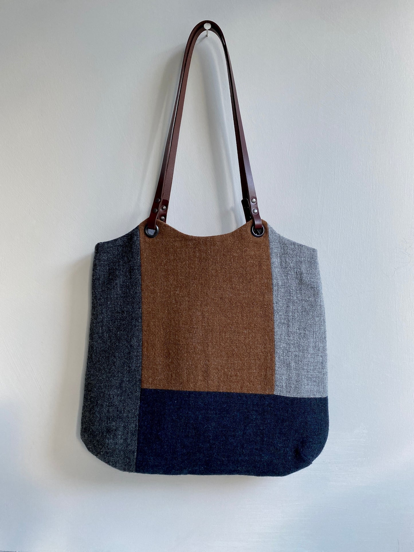 Blockwork Tote Bag - indigo, toffee, graphite and mid grey block I