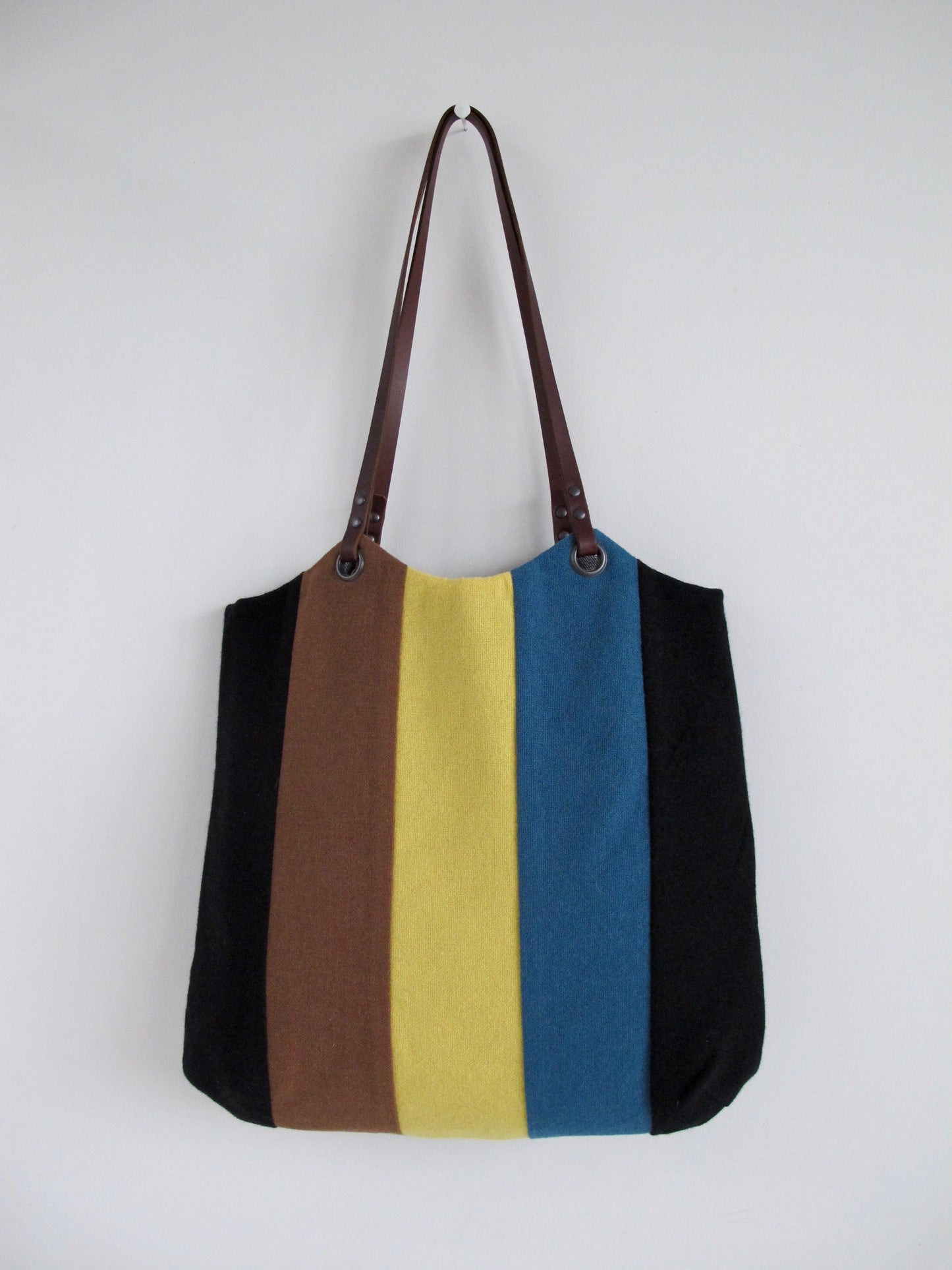 Blockwork Tote Bag - black, teal, caramel & lemon stripe