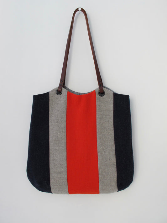 Blockwork Tote Bag - indigo, red & pebble stripe