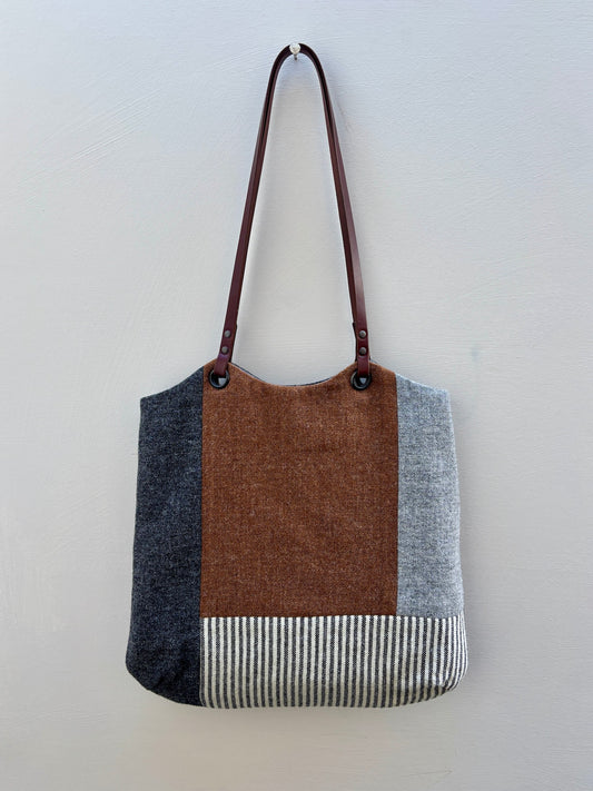 Blockwork Tote Bag - graphite, toffee, grey and stripe