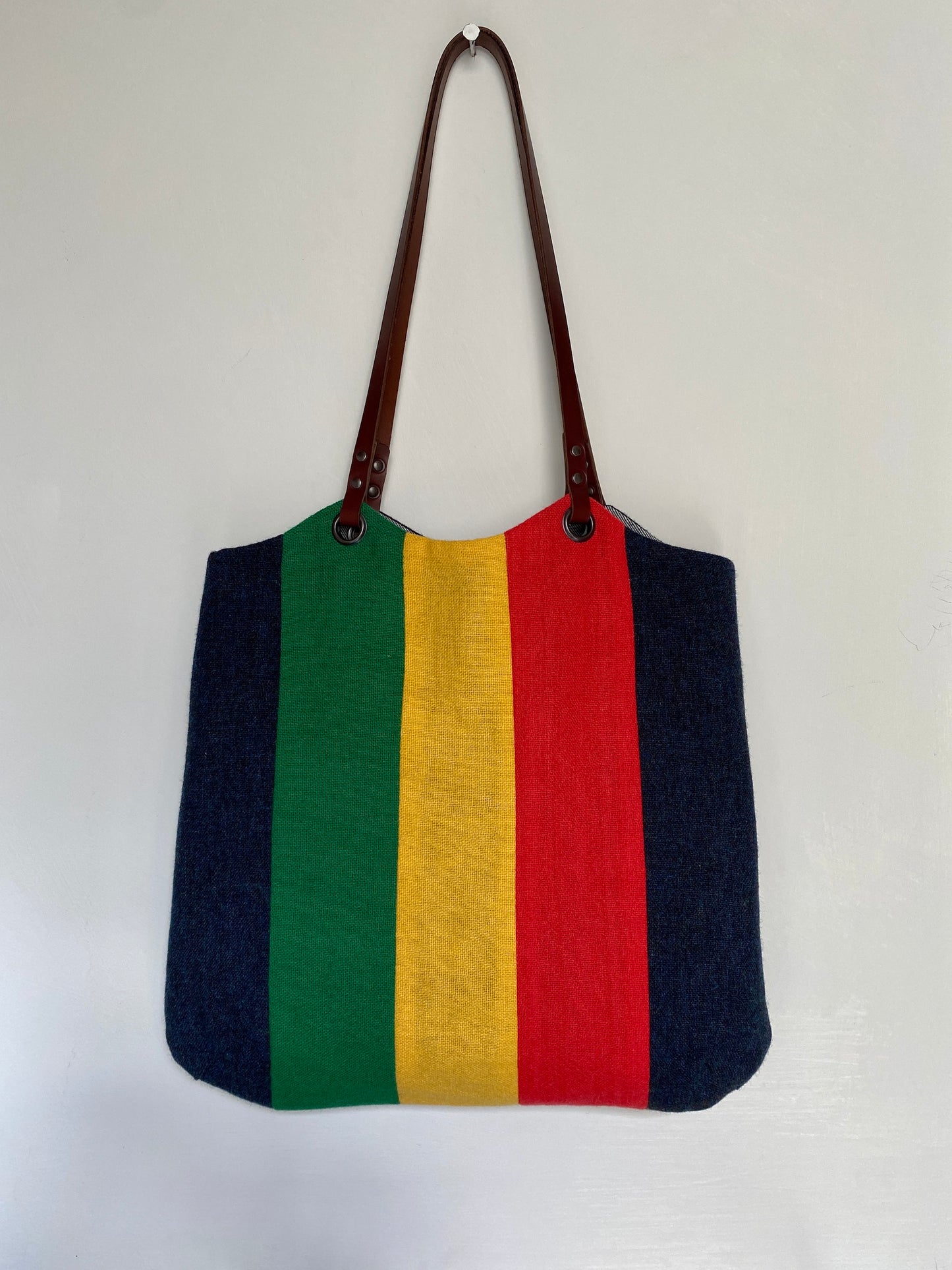 Patchwork Tote Bag - indigo, emerald, marigold and red stripe