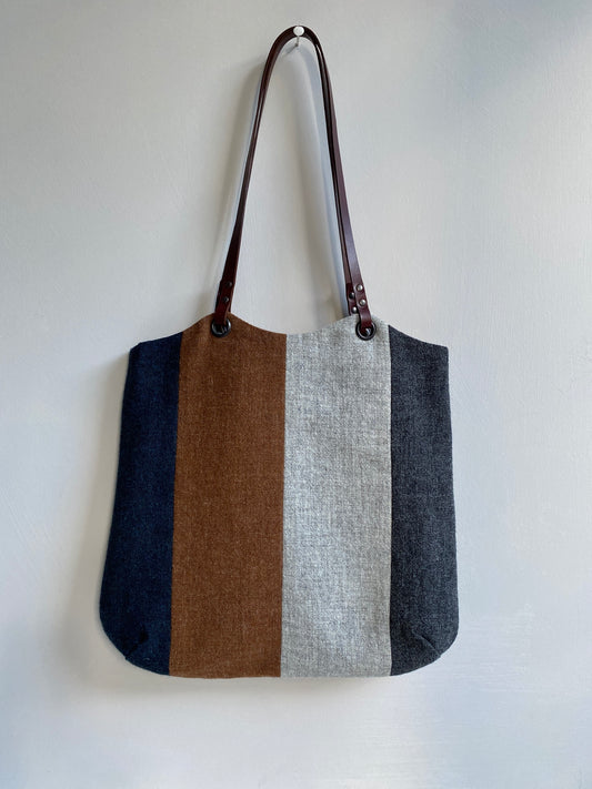 Blockwork Tote Bag - indigo, toffee, graphite & grey stripe