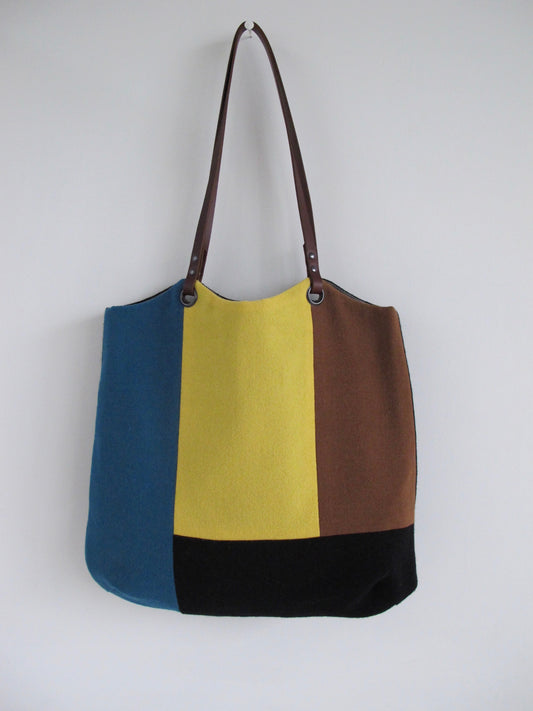 Blockwork Tote Bag - black, teal, caramel & lemon block