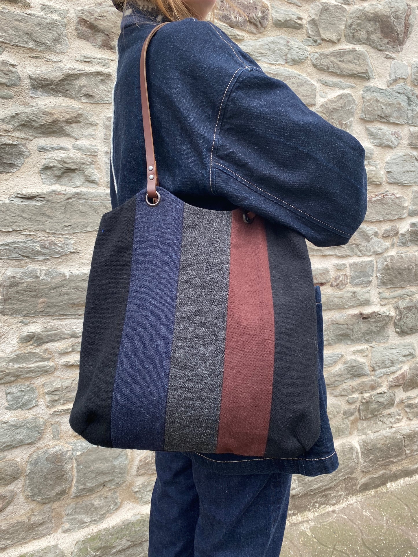 Patchwork Tote Bag - black, indigo, chocolate & grey