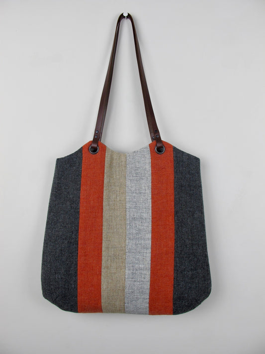 Patchwork Tote Bag - orange, straw, grey stripe I