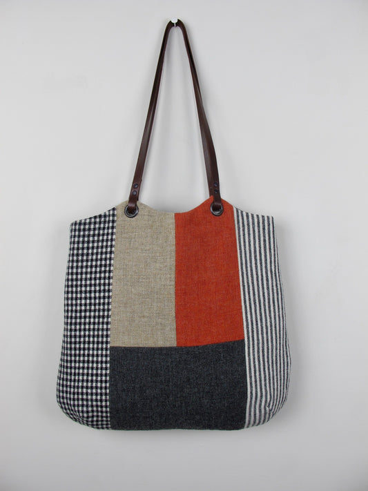 Patchwork Tote Bag - orange, straw, grey block I