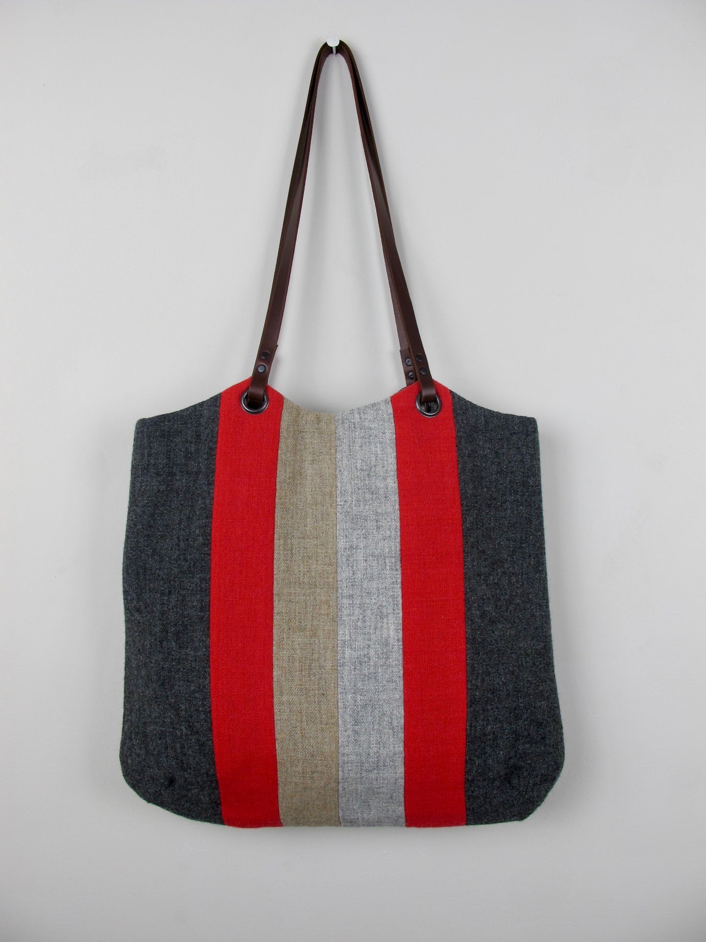 Patchwork Tote Bag - red, straw, grey stripe I