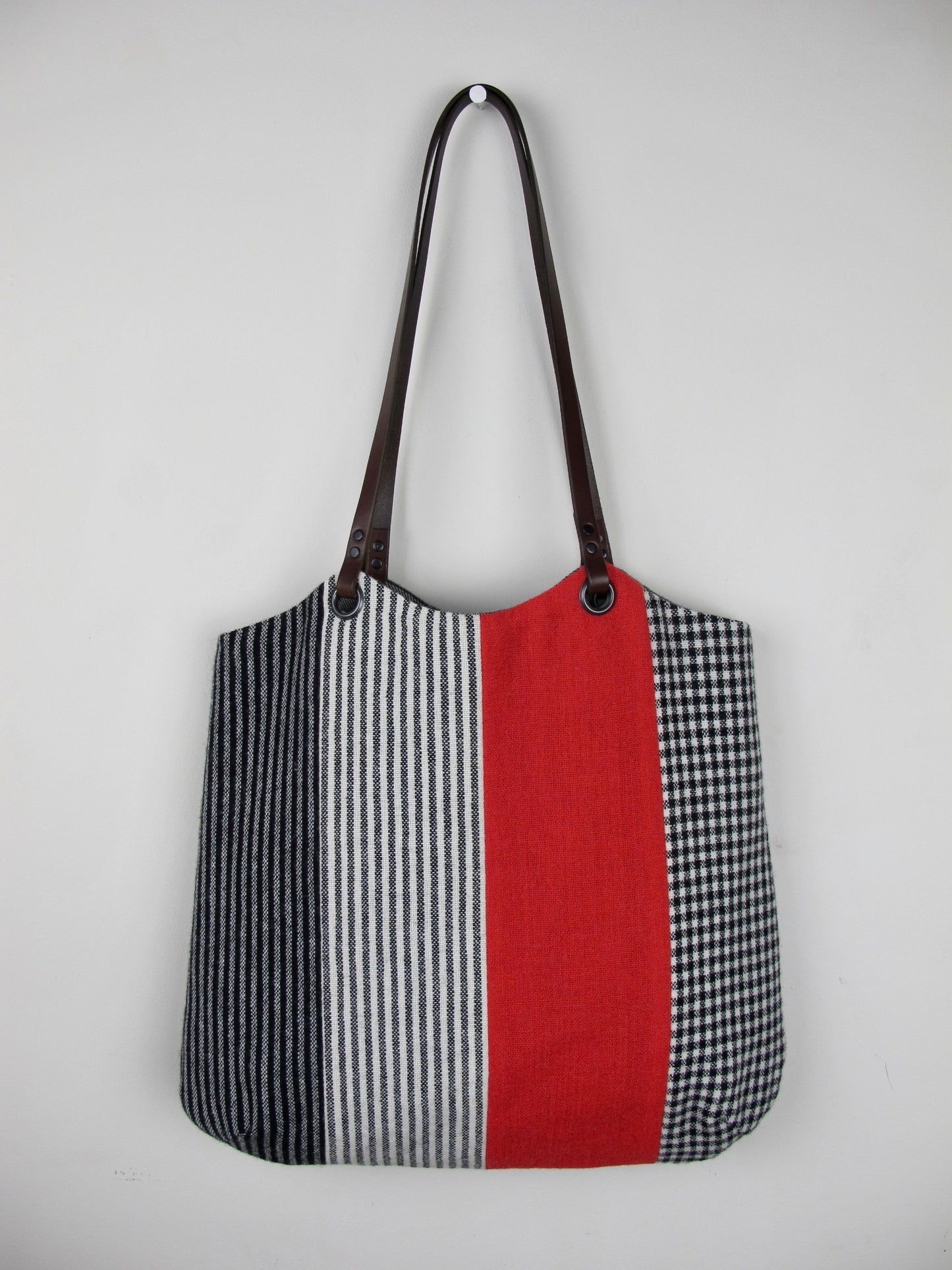 Blockwork Tote Bag - stripes, check & red