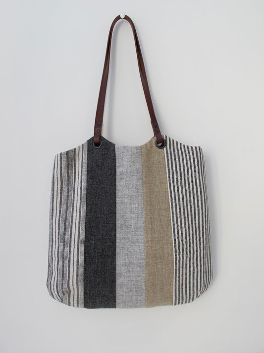 Patchwork Tote Bag - grey, straw & stripe