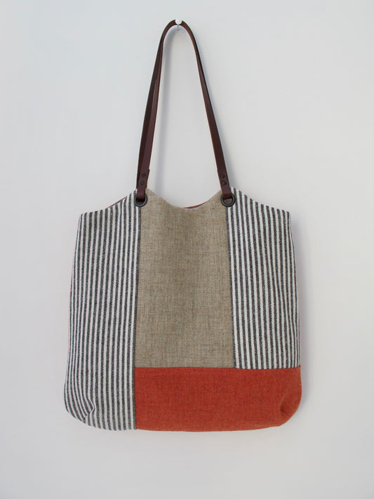 Patchwork Tote Bag - orange, straw & grey stripe