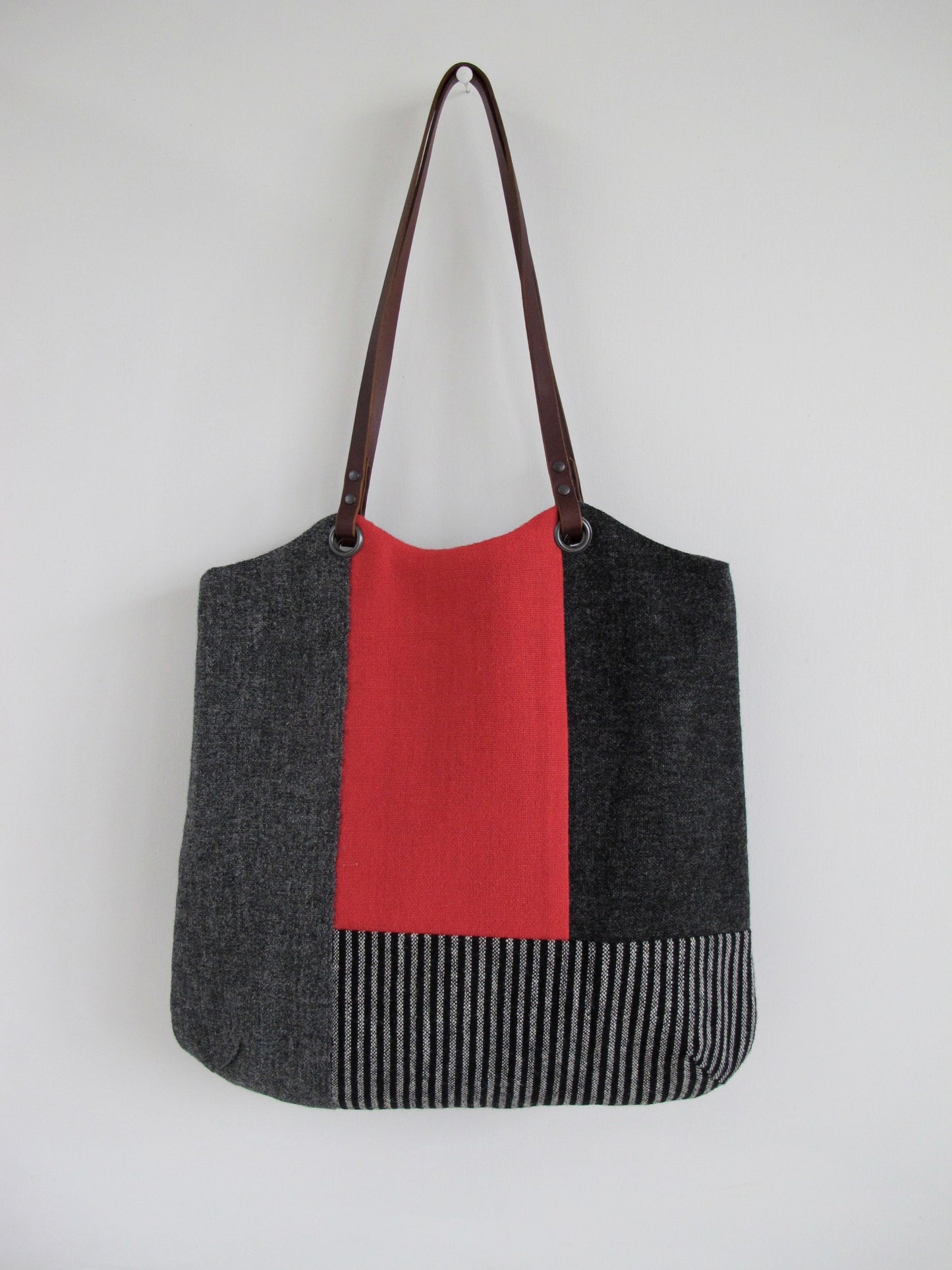 Blockwork Tote Bag - shades of grey, red and heritage stripe block I