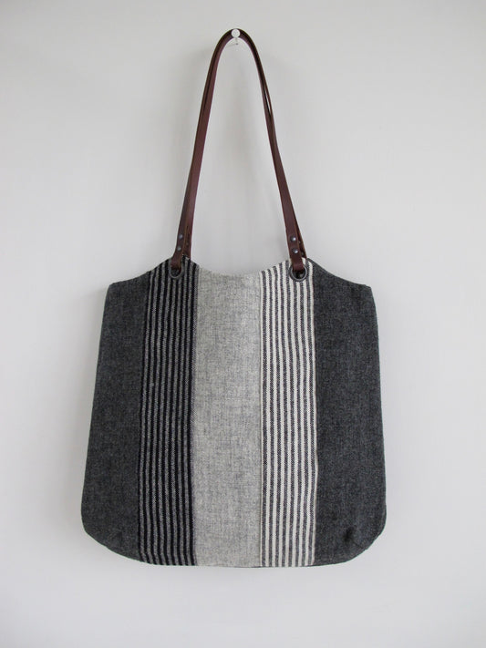 Patchwork Tote Bag - shades of grey stripe I