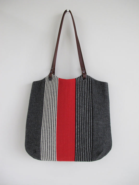 Patchwork Tote Bag - charcoal grey, red and heritage stripes I